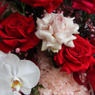 Grand reflexed rose and orchid arrangement in gold glass pot – Ruby by Ivy & Twig Florist